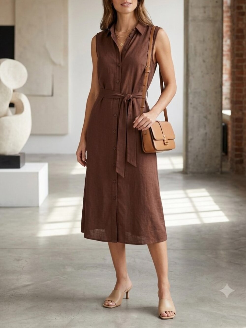 NWT Brown Linen Blend Sleeveless Midi Shirt Dress Size 2 Langenlook Minimalist